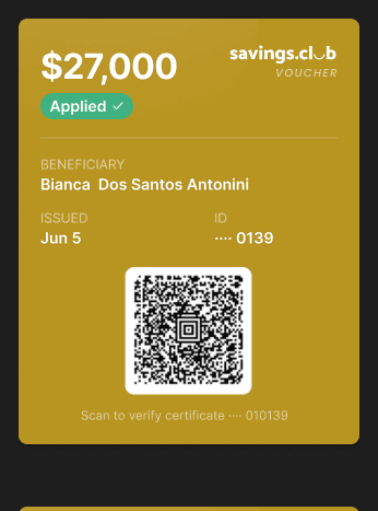 Voucher card showing the applied voucher value and a verification QR code.