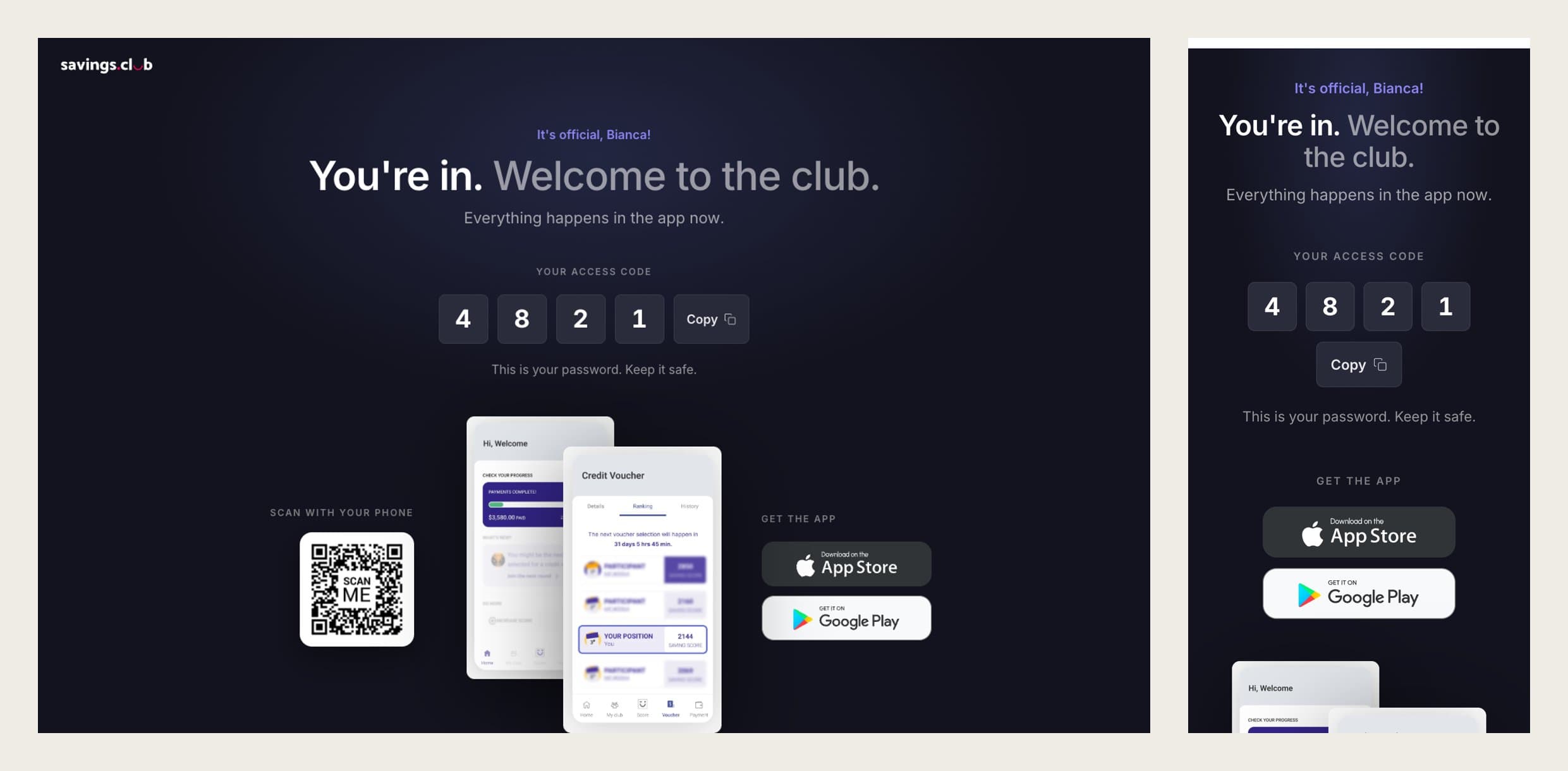 Welcome screen on desktop with a QR code to scan, and on mobile with App Store and Google Play buttons instead.