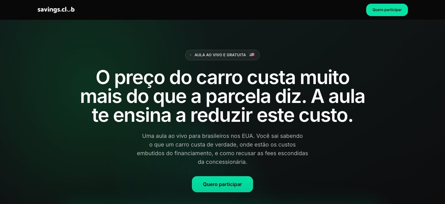 Landing page for a free live class in Portuguese about the real cost of financing a car in the US.